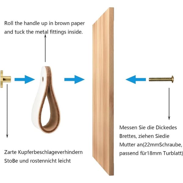 Sæt med 4 lædergreb til møbler, møbelgreb, trækknapper til skabe, kommoder og køkken - nem installation, materialer