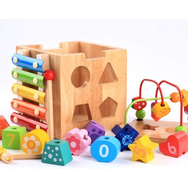 Pedagogisk Byggleksakscenter, Montessori STEM-inlärning, 5-i-1 Multifunktionella Spel för Småbarn med Fruktformade Pärlor, Träform