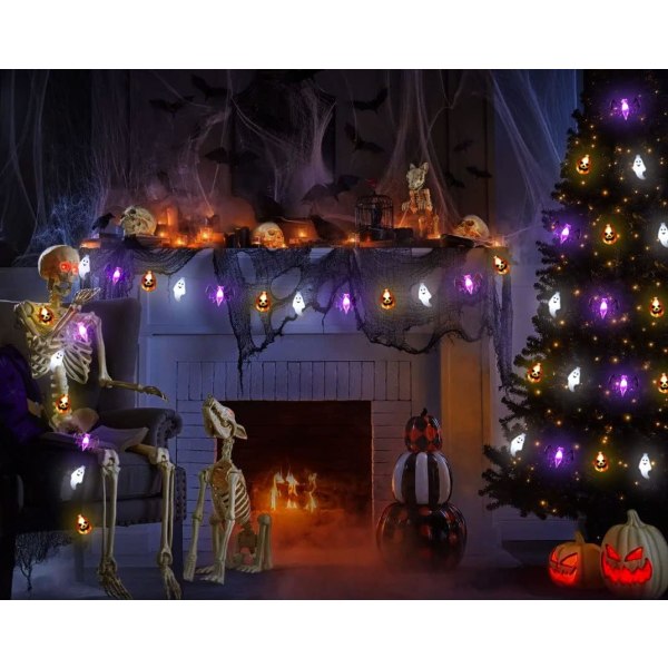 Halloween-lampor, 16FT 30 LED vattentät 3D pumpa Bat Ghost Batteridrivna ljusslingor med timer - 8 ljuslägen Fairy Light för fönster