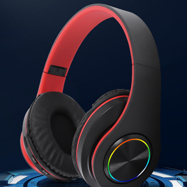Bluetooth-headset med RGB-ljus, djup bas, brusreducering, bekvämt, vattentätt, hopfällbart trådlöst gamingheadset, svart röd