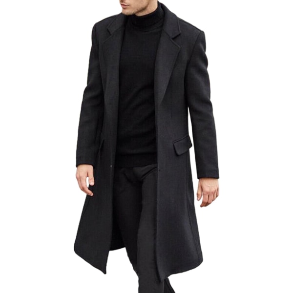 Mænds afslappet pasform lang jakke med indhak i krave Trench Coat Enkeltradet frakke black L