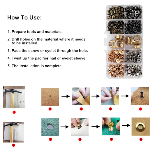 Nahkan kiinnikkeet ruuvisarja, niittipakkaus, vaatteet, kengät, käsityöt, asennustyökalu
