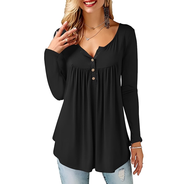 Långärmad V-ringad tunika med knappslå, blus för kvinnor casual lös topp black XL