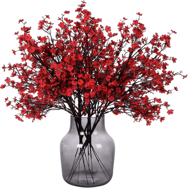 6 st Fall Faux Blommor Fake Babys Breath Blomma Bulk Konstgjord Gypsophila Bukett Siden Blommor Arrangemang Centerpieces för Hem Kök Sovrum Red