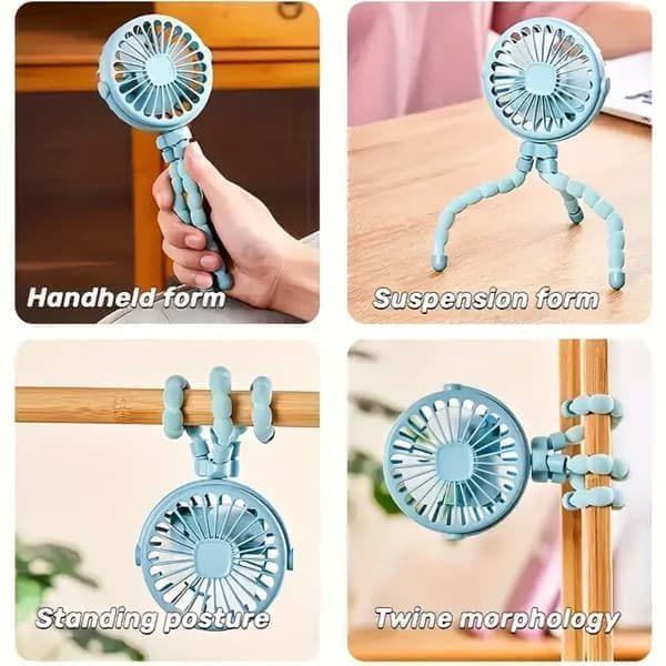 Flexible Stroller Fan - Portable Fan with Battery, Rechargeable with 3 Speeds, for Stroller, Bed or Office blue black