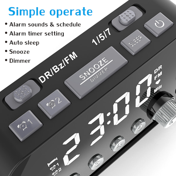 DAB Väckarklocka FM Radio Portabel Musikspelare Svart med LED Stor Display