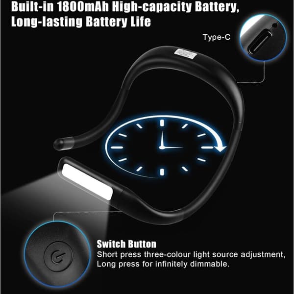 Neck Reading Light, Rechargeable LED Bed Reading Lamp with 3 Colors and Foldable Arms - Small Lamp with Protective Cover