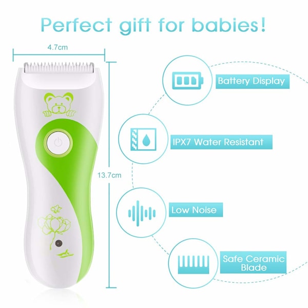 Säker Keramisk Blad Baby Hårklippare, Grön Lång Batteritid Trimmer, För Barn Under 10, Hela Kroppen Vattentät, Inkluderar 2 Gränskammar Och LED