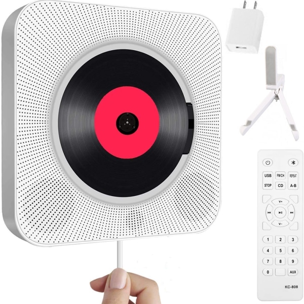 Bærbar CD-afspiller med Bluetooth, CD-musikafspiller, der kan monteres på væg, Hjemmelyd med fjernbetjening FM-radio Indbyggede HiFi-højttalere, MP3-hovedtelefonstik