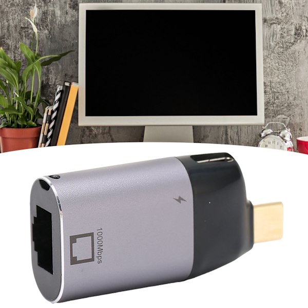 USBC till RJ45 Adapter Aluminiumlegering Hane till Hona PD3.0 Ethernet Laddarkonverterare