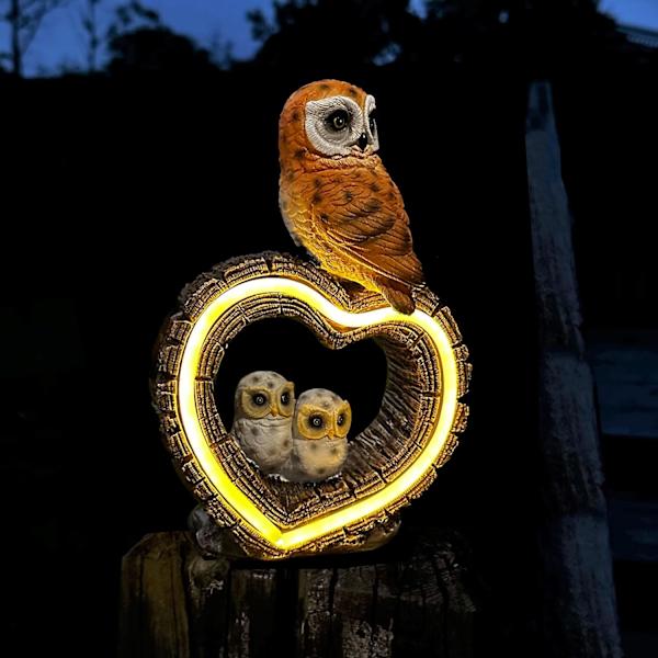 Solar Owl -puutarhapatsas, puutarhaveistos aurinko-LED-valoilla, ulkona vedenpitävä käsintehty hartsipatsas, rakkauslintupatsaskoristelu, sopii