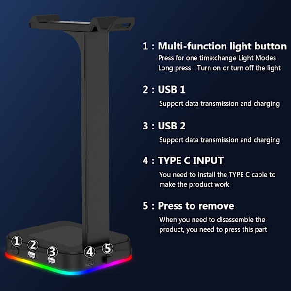 Hörlursställ Färgglatt RGB Stark Mångsidighet USB Skrivbords Gaming Headset Hållare med Halkfri Bas