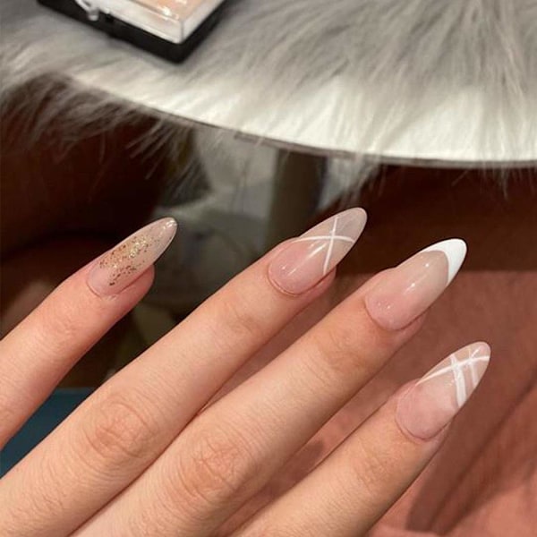 Snabb Stiluppgradering, Salong Rosa Glitter Mandelformade Press On-Naglar, Fransk Manikyr Akryl Konstgjorda Naglar För Enkel Applicering Och Present