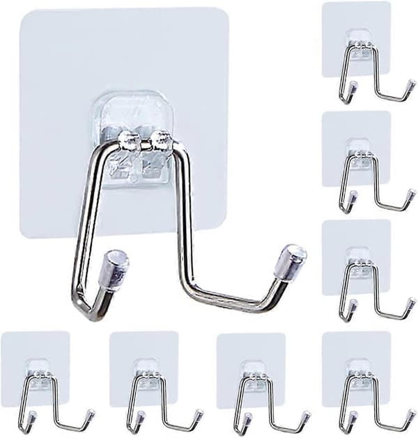 8-pack Heavy Duty Self-Adhesive Hooks Self-Adhesive Removable Transparent Hangers for Home Office Kitchen Bathroom (Double Hooks)