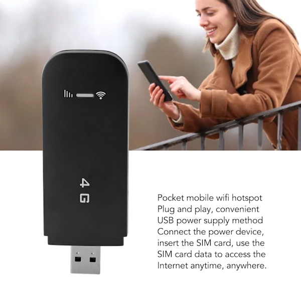 4G LTE USB Portabel WiFi Router Stödjer 10 Enheter WPA WPA2 WiFi Kryptering USB Portabel WiFi Hotspot med SIM-kortplats Svart