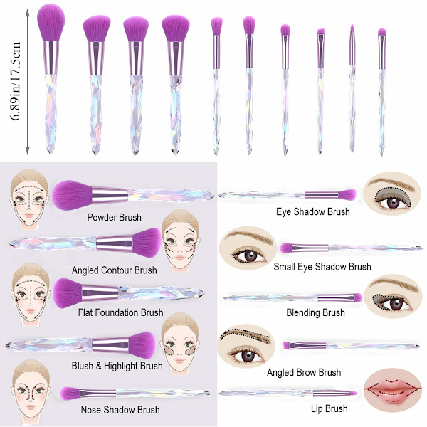 Meikkisiveltimet 10 kpl Crystal Handle Set, Premium Synteettiset Harjakset Kosmeettinen sivellin Powder Foundation Blush Concealer Blending Purple