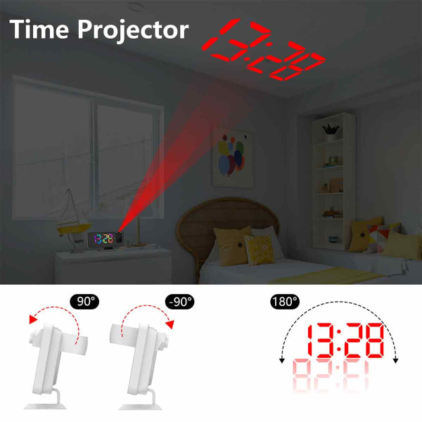 Projektionsväckarklocka för sovrum, RGB färgglad digital klocka med spegelyta, 11 färger, 180° projektor i taket, LED Modern skrivbordsklocka för white