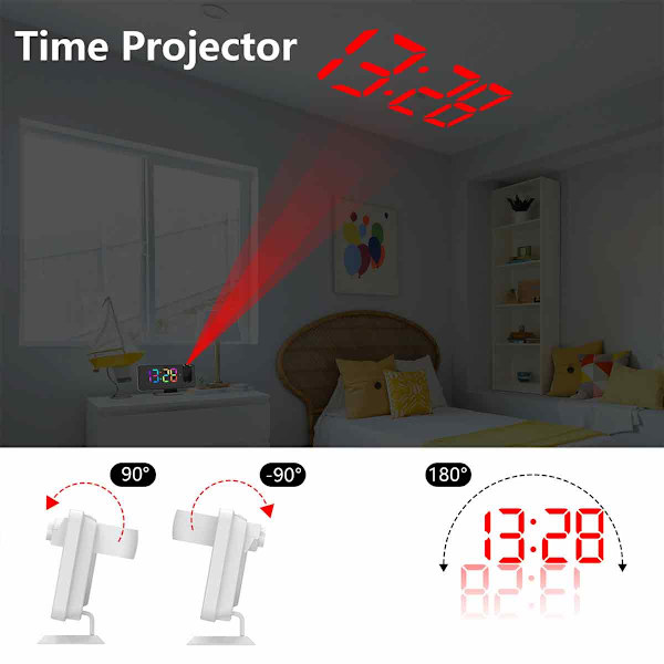 Projektionsvækkeur til soveværelser, RGB farverigt digitalt ur med spejloverflade, 11 farver, 180° projektor på loft, LED moderne skrivebordsur til white