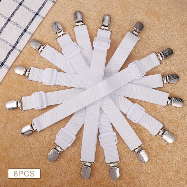 8 Pcs Sheet Clips, Adjustable Sheet Holders, High Elastic Fitted Sheet Straps with Clips, Sheet Fasteners Max Stretch 120cm, Sheet Holders-FX- White