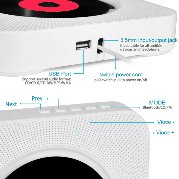 Kannettava CD-soitin Bluetooth, Seinään kiinnitettävä CD-musiikkisoitin Kotiääni kaukosäätimellä FM-radio Sisäänrakennetut HiFi-kaiuttimet, MP3-kuulokeliitäntä