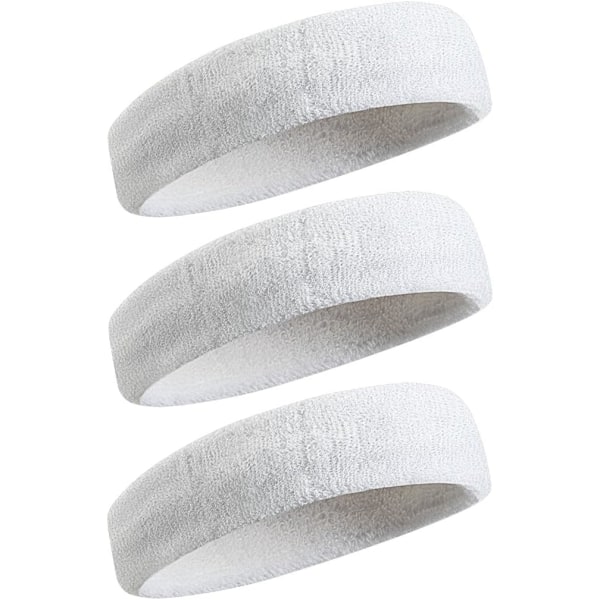 3Pack Sweatbands Urheilullinen pääpanta miehille ja naisille - kosteutta siirtävä, urheilullinen puuvillainen froteekankainen hikinauha tennikselle, koripallolle, juoksulle, kuntosalille, White