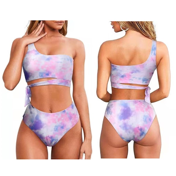 Bikini Suit One Shoulder High Waist Print Stretchy Breathable 2 Piece Swimsuit for Beach Pool Party Spa Bath