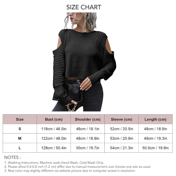 Høst Vinter Off Shoulder Kort Genser Dame Lang Ermet Casual Pullover Strikket Genser Svart L