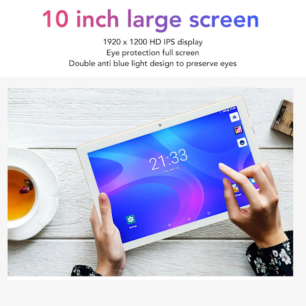 10-tums Tablet 4G RAM 8GB ROM 256GB Främre 8MP Bakre 13MP 1920x1200 Octa Cores 2.0GHZ 8800mAh Gyllene Tablet för Android11 100 till 240V EU-kontakt