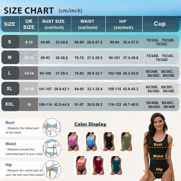 Badedragt til kvinder, hel badedragt, mavekontrol, polstret badedragt, rund hals, rygløs monokini, gradientfarve, badedragt sort Black M