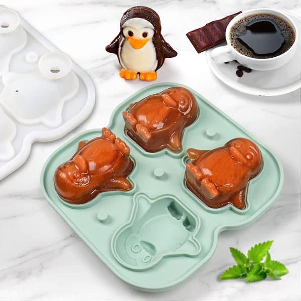 Pingvinisbitsform, gör 4 söta pingvinisbollar, silikonisform chokladform med trattlock, grön 02[TT]