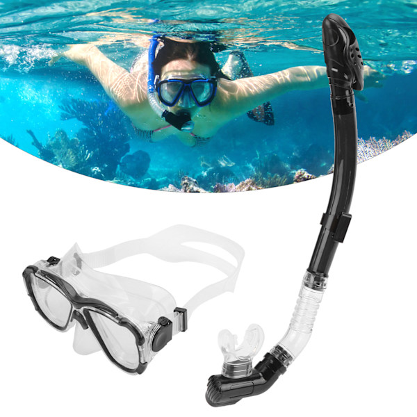 Adults Snorkel Set AntiFog Diving Cover Tempered Glass Goggles with Dry Top Snorkel Tube(Black )