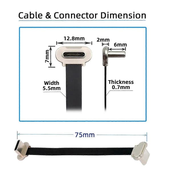 UC-170-0.07M 75mm Angled USB-C to USB-C Ultra Slim Flat USB2.0 Data Cable 65W Fast Charging Cord