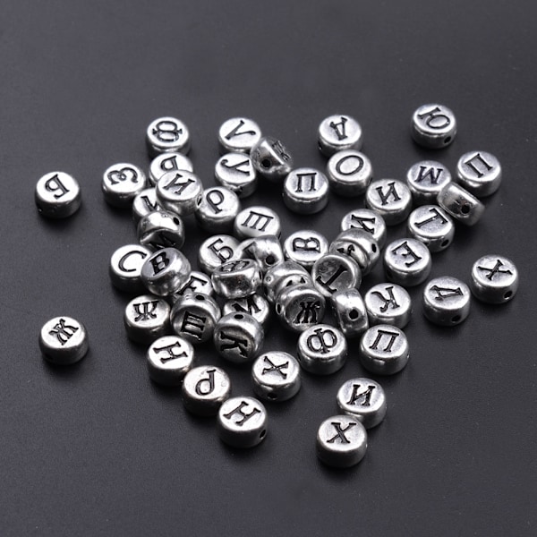 100pcs Russian Letters Alphabet Round Acrylic Beads 4*7mm DIY Jewelry Accessories (Silver)