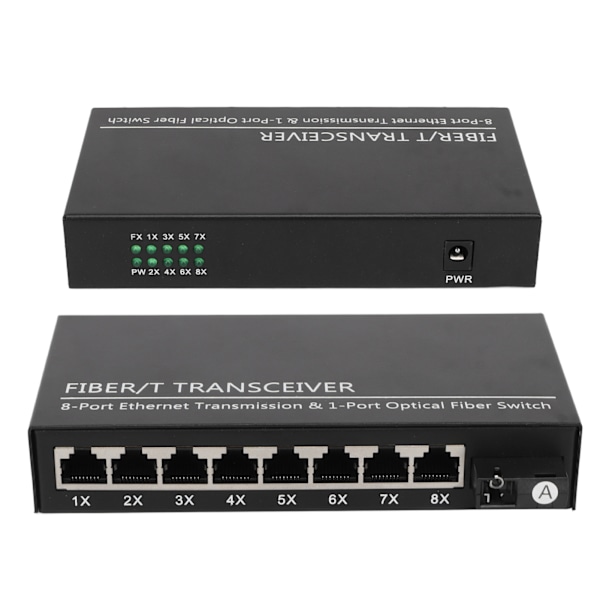 Tx1310nm RX1550nm Fiber Transceiver Upp Till 25km 1 Optisk Port 8 Elektriska Portar Single Mode Ethernet Fiber Switch 100‑240V