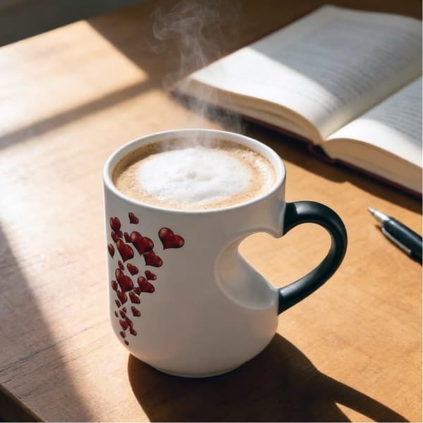 Heart-Shaped Color-Changing Magic Ceramic Mug, Temperature-Activated Reveals Red Hearts with Hot Drinks, Heart Handle Design