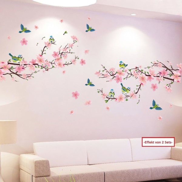 - XL Wall Stickers Peach Blossoms to Birds (250 x 150 cm) I selvklæbende wallsticker roser kirsebærtræ grenplanter til stue soveværelse
