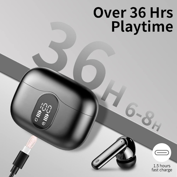 Trådlösa hörlurar, Bluetooth 5.3, stereobas, hörlurar med brusreducerande mikrofon, LED-display, IP7 vattentäta in-ear