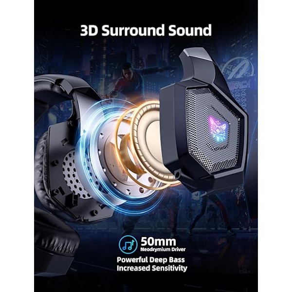 Gaming Headset med Mikrofon, Gaming Hörlurar Kompatibla för PS4 PS5 Xbox PC med RGB-ljus, PlayStation Headset med Brusreducering 7.1