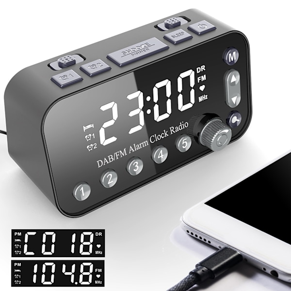 DAB Väckarklocka FM Radio Portabel Musikspelare Svart med LED Stor Display
