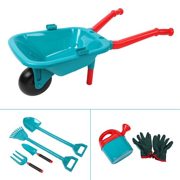 Kompletta trädgårdsredskapsset för barn med liten vagn, sprinkler, kratta, spade och handskar