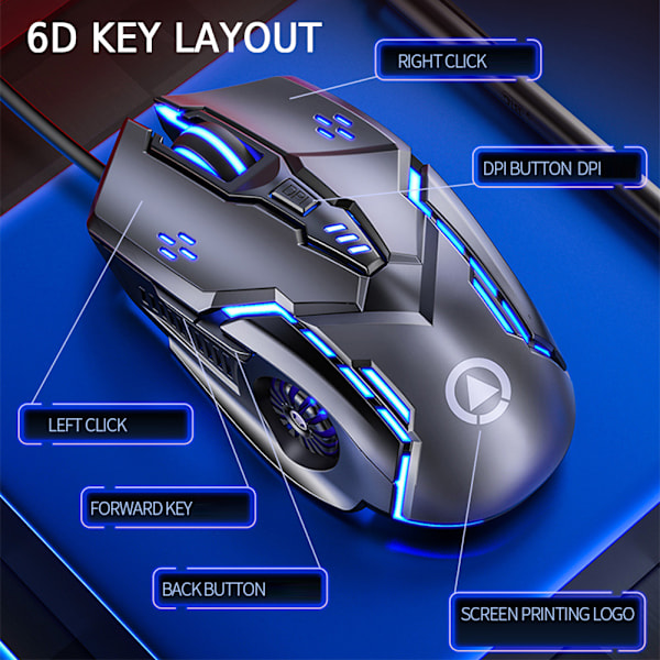 Gamingmus 6D 3200DPI Justerbar Trådbunden LED Datormus Tyst Mus för Laptop PC