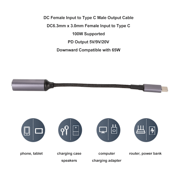 PD DC 4.5mmx0.6mm Hona Ingång till USB Typ C Hane Strömladdningskabel 100W DC4506 till Typ C Kabel för Telefoner Surfplattor Bärbara Datorer