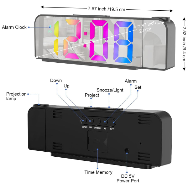 Projektionsväckarklocka för tak i sovrummet, LED digital väckarklocka med 180° roterbar projektor med USB laddning och minnesbatteri, justerbar
