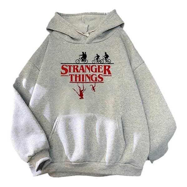 2022 Stranger Things Hættetrøje med snøre og stor lomme, afslappet streetwear oversized pullover grå Gray L