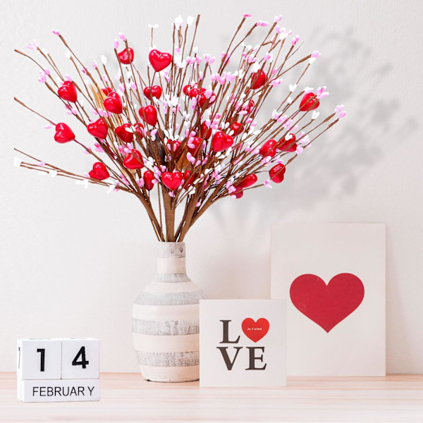Valentinsdagsgaver, Valentinsblomster, Valentinsdagspynt, 6 STK Kunstige bærblomststængler Røde hjerteformede bærplukke til