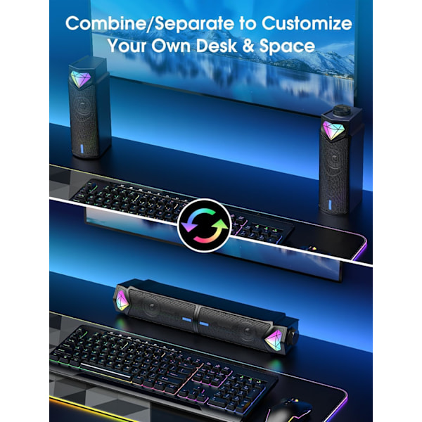 Datorhögtalare, Dynamisk RGB Bluetooth Soundbar, Dubbel Hi-Fi Stereo Sound Bar och Gradient RGB-belysning för Laptop, USB-drivna Högtalare