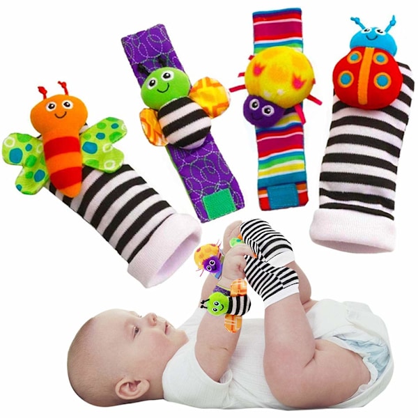 Babys resa till förundran, söta present handledsskallror och fotsocksökare, främjar sensorisk utforskning och motorisk färdighetsutveckling (4 st)