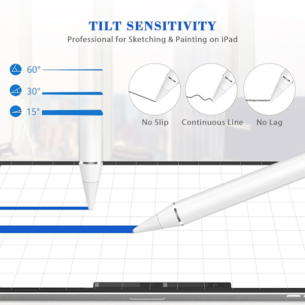 Blyant kompatibel til Apple iPad, aktiv pen med håndfladeafvisning, vippedetektering, kompatibel med iPad Pro (11/12,9 tommer), iPad 6/7/8th Gen, iPad White