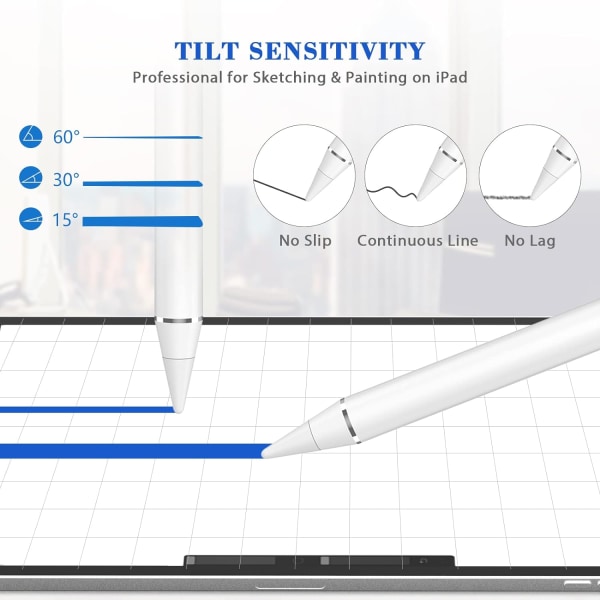 Penna kompatibel för Apple iPad, Active Pen with Palm Rejection, Tilting Detection, Kompatibel med iPad Pro (11/12,9 tum), iPad 6/7/8th Gen, iPad White