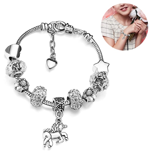 Skinnende krystall Rhinestone sjarm armbånd armbånd med enhjørning anheng gaveeske kortsett for kvinner jenter White 20cm